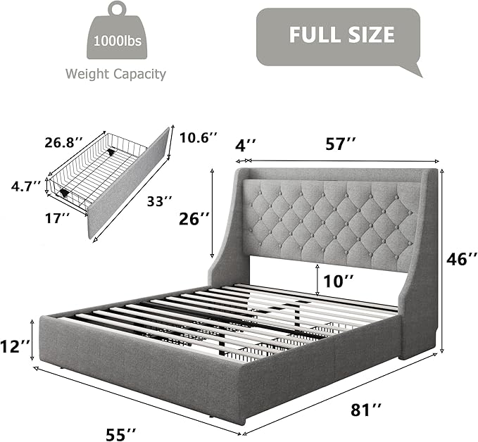 Feonase Upholstered Full Size Bed Frame with 4 Storage Drawers, Charging Station and Tufted Wingback Storage Headboard, No Box Spring Needed, Easy Assembly, Light Grey