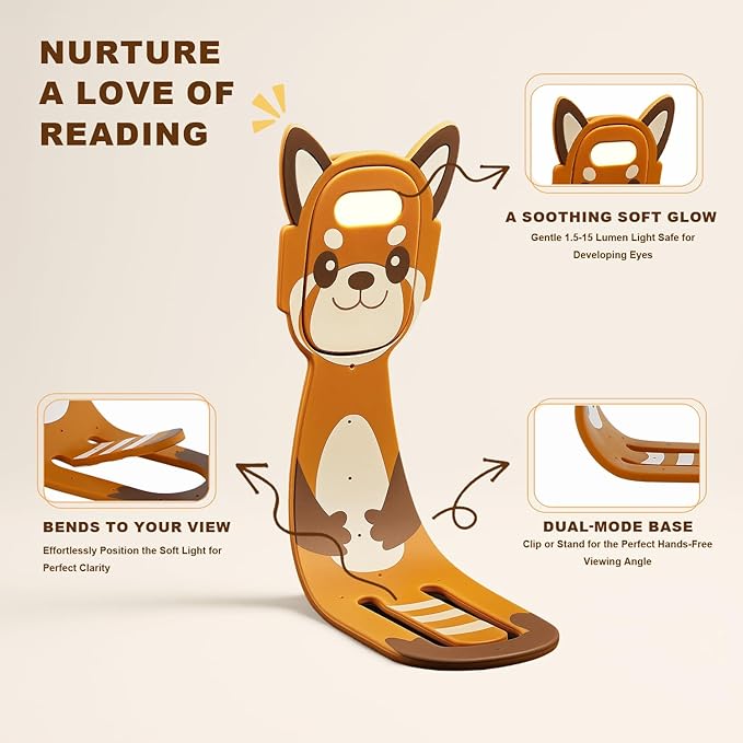 Rechargeable Book Light for Kids at Night – Portable Clip-On LED Light with Dimmable Brightness Ideal for Kids & Adults, Bedtime & Travel–Eye-Caring, Flexible, Gift for Book Lovers,Brown