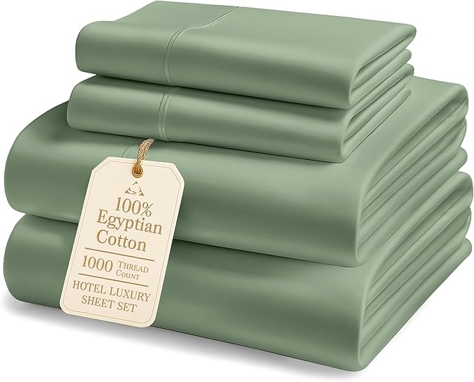 1000 Thread Count 100% Egyptian Cotton King Size Sheets – Silky Sateen Weave, Naturally Cooling & Durable, Ultra-Soft Luxury You Can Feel, Hotel Comfort, 15" Deep Pocket King Sheet Set – Iceberg Green