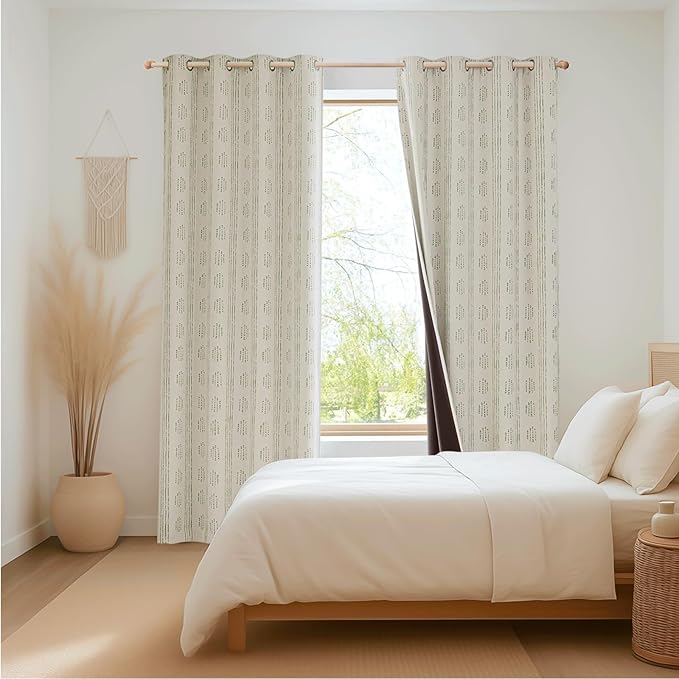 100% Boho Blackout Curtains 90 Inches Long for Bedroom, Green on Beige Patterned Bohemian Curtains for Living Room, Geometric Striped Thermal Insulated Window Drapes Gromment Top 2 Panels