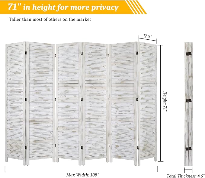 Bonnlo Wood Room Divider Privacy Screen, 5.9 Ft Tall Folding Partition Wall Divider, Indoor Freestanding Hinged Space Separator (Grey, 6 Panel)