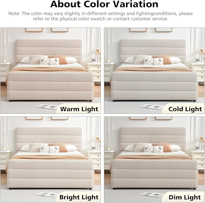 VELOCAVA Queen Size Upholstered Platform Bed with Tall Headboard and Footboard, 2 Side Storage Drawers, Modern Beige Fabric Bed Frame, No Box Spring Needed, Slatted Base Support, Easy Assembly