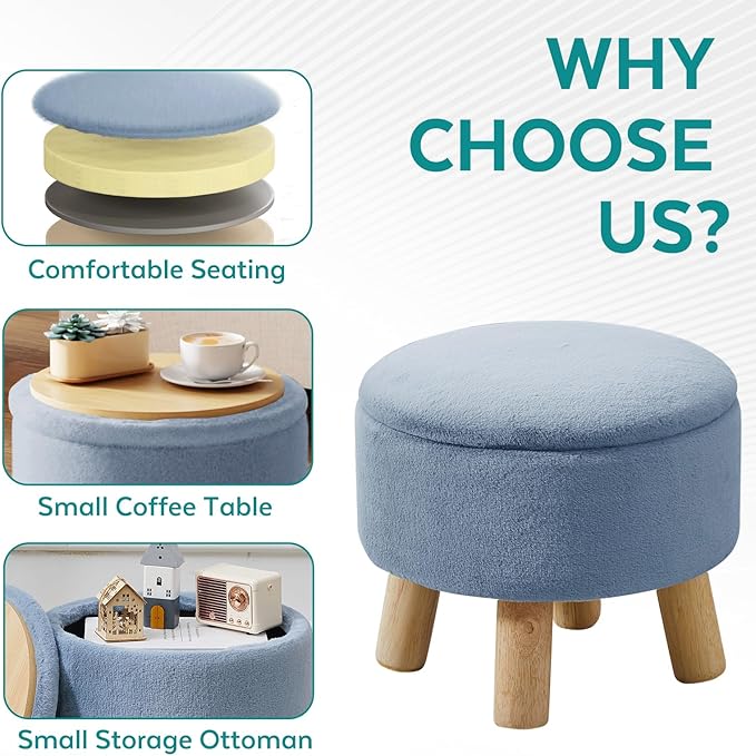FIMIVIBI Small Foot Stool Ottoman with Storage, Soft Faux Fur Ottoman Foot Rest for Couch, Round Footstool with Storage, Small Ottomans and Footstools for Living Room and Entryway (Light Blue)