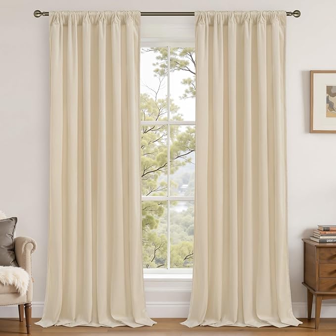 LAMIT Beige Velvet Curtains for Living Room 120 Inches Long, Elegant Thermal Insulated Panels Noise Reducing Back Tab and Rod Pocket Drapes for Bedroom, 2 Panels, 52 x 120 Inch