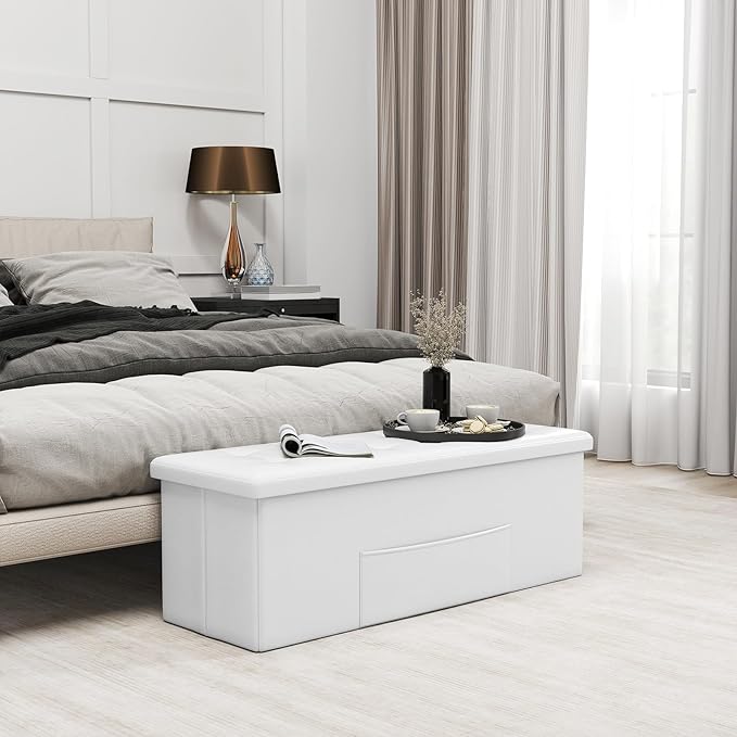 Giantex 43 Inches Folding Storage Ottoman Bench, Upholstered PU Leather Storage Chest with Side Pocket, Padded Seat, End of Bed Bench, Collapsible Ottoman Foot Rest for Living Room, Bedroom & Entryway