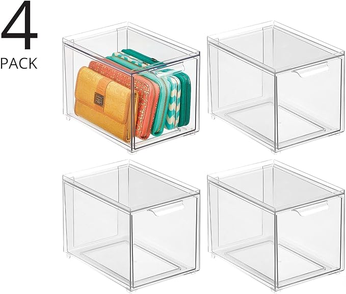 mDesign Shoe Storage Box with Drawer – Sturdy Plastic Storage Box for Shoes – Stackable Drawer Box for Shoes, Accessories and More – Pack of 4 – Clear