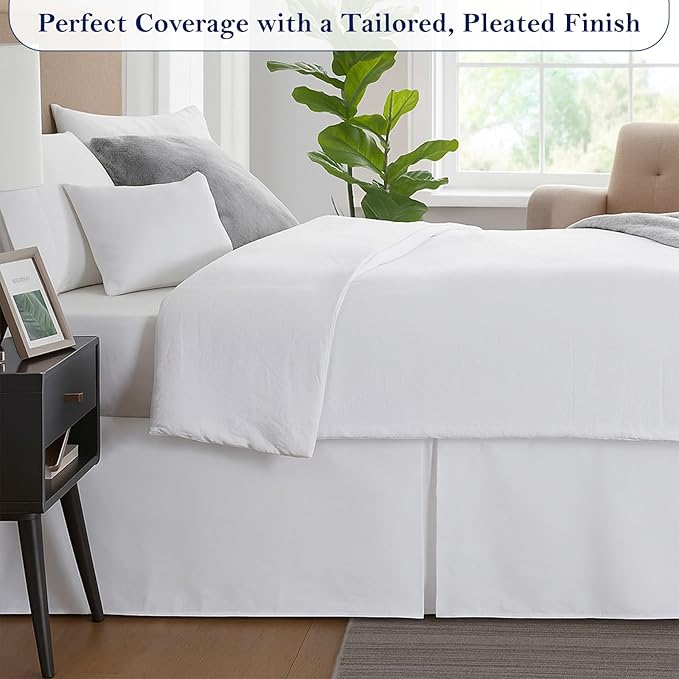 Luxury Pleated Bed Skirt, 16 Inch Tailored Drop Bed Skirt, Soft Double Brushed Premium Microfiber Bed Skirt, Easy Fit Bed Skirt, Fade & Wrinkle Resistant, Box Pleated Full Size Bedskirts - White