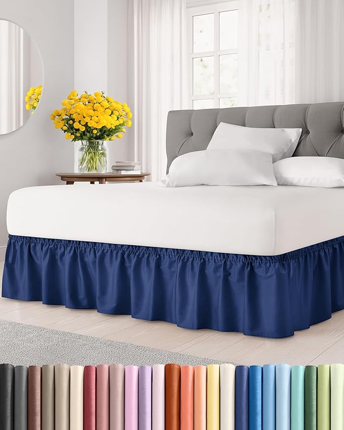 Wrap Around Dust Ruffle Bed Skirt - Navy Blue - for Full Size Beds with 18 Inch Drop - Elastic Strap - Adjustable Pleated Bedskirt with Brushed Fabric and Wrinkle Free - for Women, Men, Kids & Teens