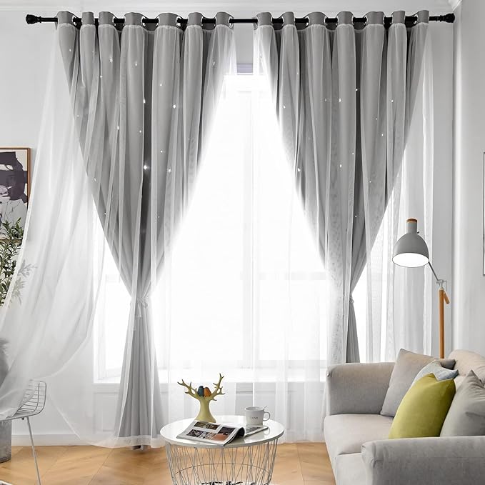 Star Curtains Double Layer Curtains Blackout Curtains for Bedroom Kids Curtains Cute Curtains, Curtains 72 Inches Long 2 Panels Set, Grey Curtains, 42 X 72 Inches