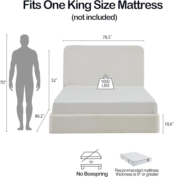 King Size Upholstered Bed Frame, 52" High Headboard Wingback Bedframes, Canter Tall Headboard Floor Platform Beds, No Box Spring Needed No Noise/Easy Assembly/Minimalist, Pearl White Chenille