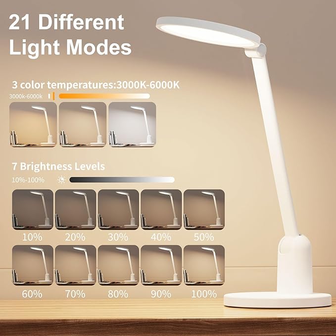 Desk Lamps for Home Office with Stable Base, 1000LM Ultra Bright Eye-Caring Desk Light, 3000K-6000K Dimmable Table Lamp with Stepless Dimming & Timing Function for Work, Reading, Bedroom