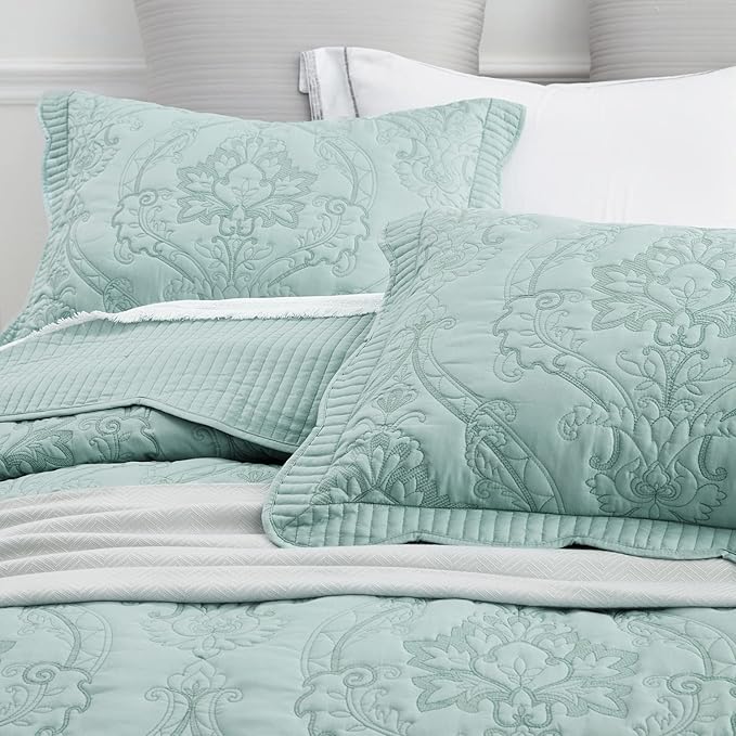 CHIXIN Bedspread Coverlet Set Queen Size - Lightweight Bedding Cover - Beautiful Stitching - 5 Piece Reversible Bedspread - Gorgeous Damask Paisley Pattern (Queen, Seaglass)