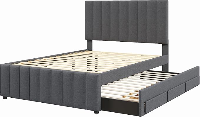 Bellemave Full Size Bed Frame with Twin Trundle Bed and Storage Drawers,Linen Upholstered Bed Frame,Full Size Trundle Bed with Adjustable Headboard for Kids Teens Adults,Gray
