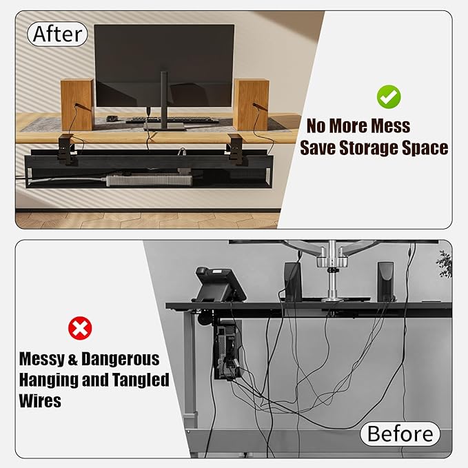 No Drill Under Desk Cable Management Tray, Nonkky Cable Management Under Desk, 27.6" Fabric Cord Hider - Clamp/Screw Mount, Cord Organizer for Office, Home - Supports Up to 40lbs