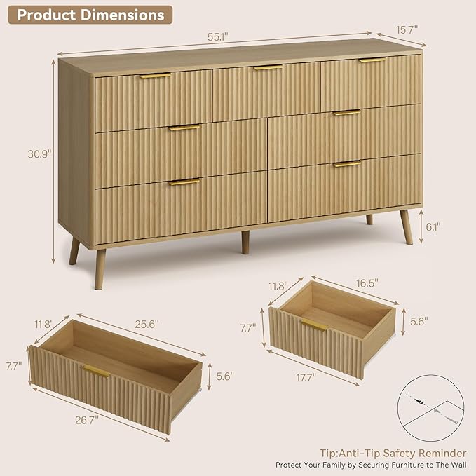 CARPETNAL Fluted 7 Drawer Dresser for Bedroom, 55" Wide Wooden Chest of Drawers with Rounded Corners, Gold Handles, Modern Storage Organizer for Bedroom, Hallway(Oak)