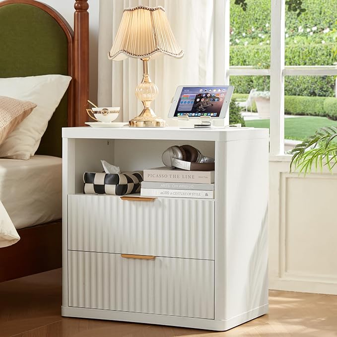 LEYAOYAO 48" Wide Fluted Dresser and 2 Drawers 23" Nightstand Set of 2, Wooden Dresser & Night Stand with Charging Station, 3 Piece Bedroom Furniture Set, Chest of Drawer for Living Room,Antique White