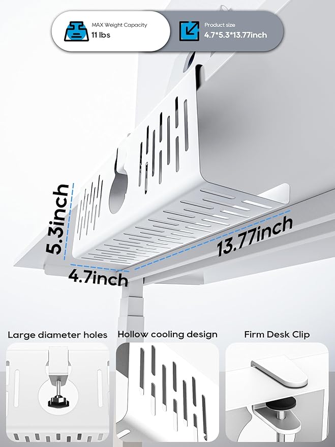 NODOCA No Drill Under Desk Cable Management Tray, 14'' Wire Management, Punch-Free Clamp on, Metal Cable Tray, Wire Organizer Under Desk, Under Desk Basket for Office and Home, White(2 Packs)