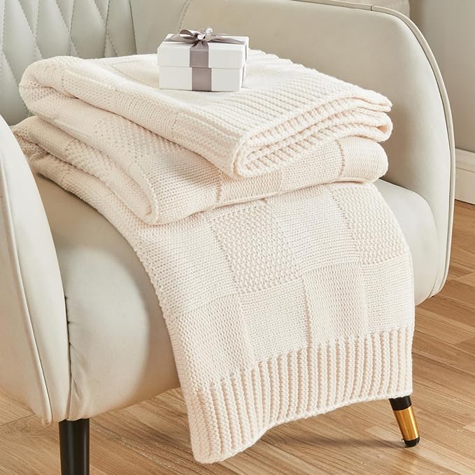 CozeCube Check Knit Throw Blanket, Cream White Checkered Throw for Couch, Decorative Christmas Soft Cozy Warm Knitted Blanket for Bed Sofa Living Room, 60"X80"