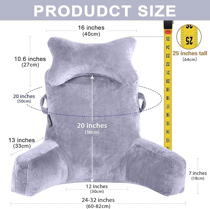 SLIGUY Reading Pillow-Bed Rest Pillow with Detachable Neck Roll & Support Arm for Sitting in Bed Couch or Floor-Backrest Reading Pillow Adult Back Pillow for Reading/Watching TV/Gaming/Relaxing,Grey