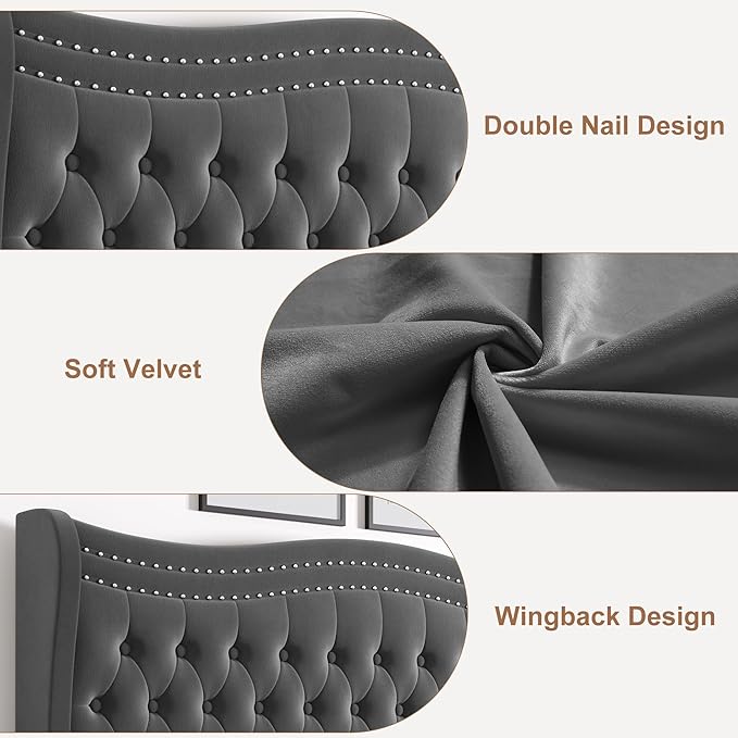 Upholstered King Size Bed Frame with Tall Headboard, Velvet Wingback Platform Bed Frame with Deep Button Tufted, No Box Spring Needed, Noise Free, Grey