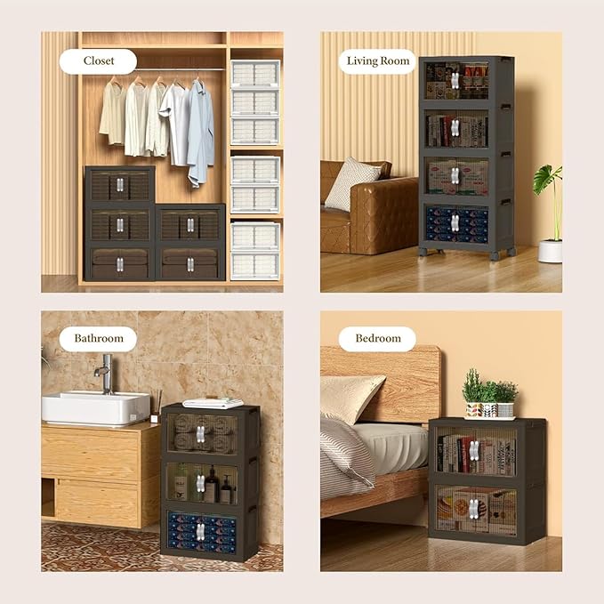 Stackable Storage Bins Wheel, Large Collapsible Closet Organizer with Lid, Foldable Storage Cabinet with Door, Plastic Folding Storage Boxes for Home, Pantry, Office (L, Gray 4-Tier)