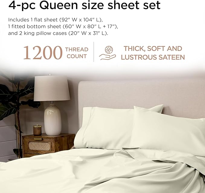 Threadmill Luxury 100% Supima Cotton Sheets, Premium 1200 Thread Count Cotton Sheets for Queen Size Bed, 4 Pc Ivory Bed Sheets Queen Set, 5-Star Hotel Quality Elasticized Deep Pocket Bed Sheets Set