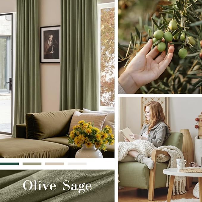 Lazzzy Velvet Blackout Curtains Thermal Insulated Room Window Drapes Super Soft Luxury Curtains for Living Room Bedroom Rod Pocket 2 Panels, Olive Sage, 42" W x 108" L