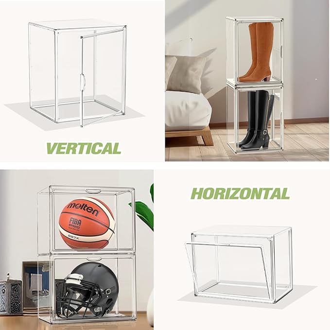 XXX-Large Extra Large Acrylic Display Case 17''x13''x13'' Transparent Shoe Display Case Sneaker Bag Organizer Clear Stackable Boot & Shoe Boxes Large Showcase for Helmet, Handbag, Figures Collectibles