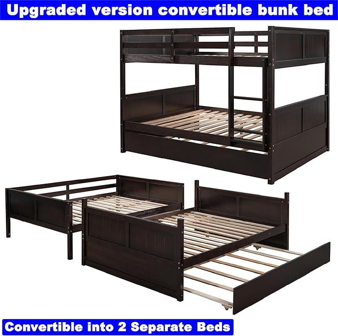 Upgraded Version Best Full Over Full Bunk Bed with Trundle, Thicken Solid Wood Full Size Bunk Bed, Bunkbed Frame Full Over Full, Convertible to 2 Beds, Easy Assembly for Adults (Espresso)