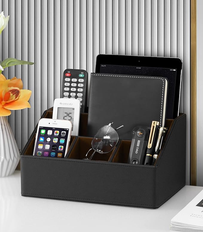 MEIBOOCH PU Leather Desk Organizer, Luxury Remote Control Holder for Home, Office Desk Accessories Table Caddy Bedside Nightstand Organizer (Black)