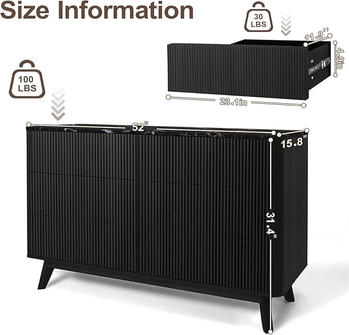 Fluted 6 Drawers Dresser for Bedroom,52" Wide Handleless Chest of Drawers with Faux Marble Top, Wooden Dresser TV Stand, Wood Drawer Organizer for Living Room, Hallway, Black
