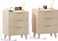 Fluted Night Stand Set of 2 with USB Charging Station, 3-Drawer Dresser Wood Modern Night Stand Bedside Table with Quiet Drawers & Large Storage End Table for Bedroom