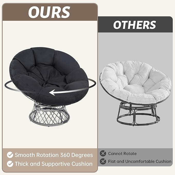 46" Giant Oversized Rattan Papasan Chair with Cushion and Frame for Adults, Fluid 360° Swivel, Waterproof, Grey Frame with Black Cushion