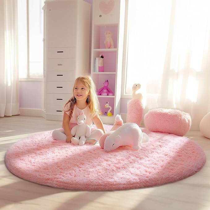 Ophanie Pink Round Rug for Bedroom Girls, Kids Fluffy Kawaii Fuzzy Shag Circle Circular Area Rugs, Cute Plush Christmas Small Carpet 3.6Ft, for Teen Baby Nursery Home Living Room Dorm Decor Aesthetic