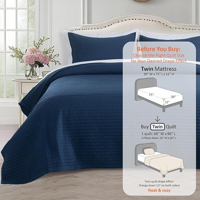 KASENTEX Twin Quilt Set 68"x86" – Soft Washed 3-Layer Lightweight Bedspread, Minimalist Nordic Design, All-Season Spring & Summer Quilt Set (1 Quilt + 2 Pillow Shams),Dress Dark Blue