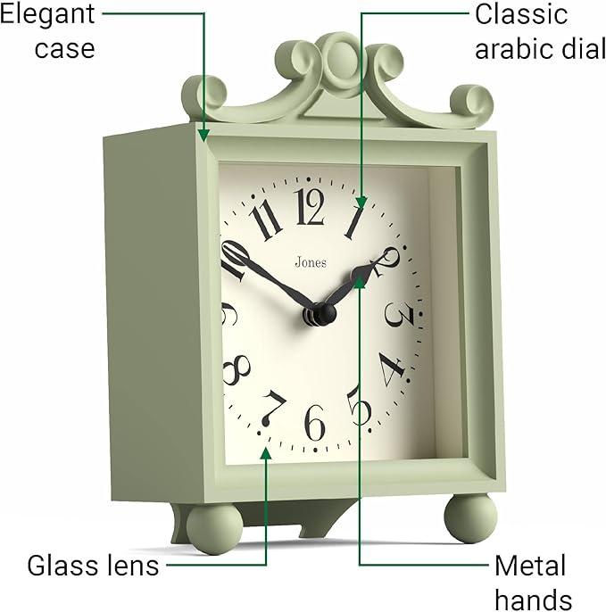 JONES CLOCKS® Parlour Mantel Clock | Classic Carriage Clock | Sage Green | Elegant Square Decorative case, Perfect for Mantel, Shelf, Table or Bedside
