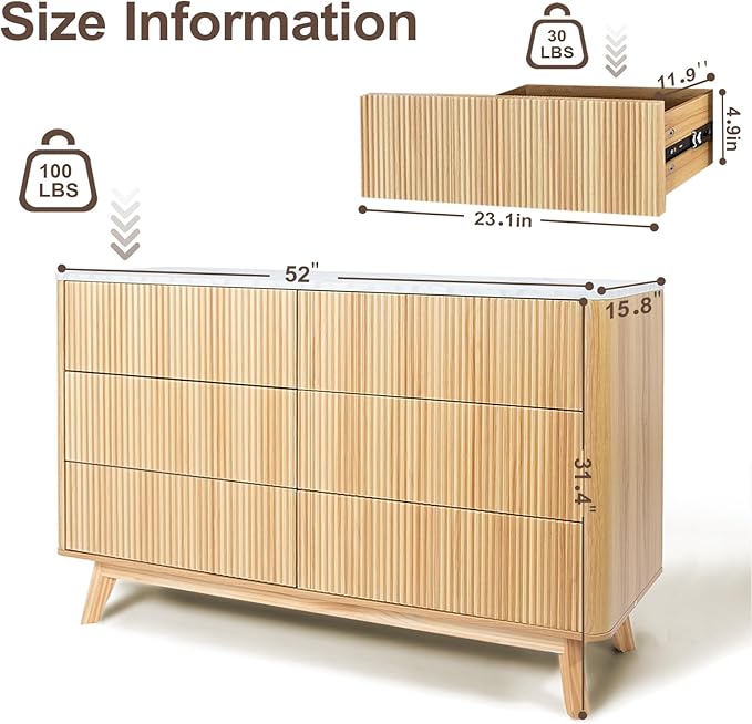 Fluted 6 Drawers Dresser for Bedroom,52" Wide Handleless Chest of Drawers with Faux Marble Top, Wooden Dresser TV Stand, Wood Drawer Organizer for Living Room, Hallway, Natural Oak