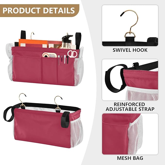 KOPIRIT Strawberry Red Bedside Caddy Storage Bag Bedside Organizer for College Dorm Top Bunk Bed Organizer Caddy Hanging Shelf 6 Pockets with Hooks for Glasses Book Tablet Holder
