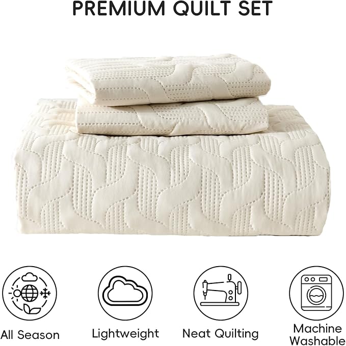 Yiran Beige Quilt Set Queen Size Lightweight Bedspread Ultrasonic Wave Pattern Soft Microfiber Coverlet for All Season Modern Style 3 Piece Bed Cover Sets with 2 Pillow Shams (96"x90")