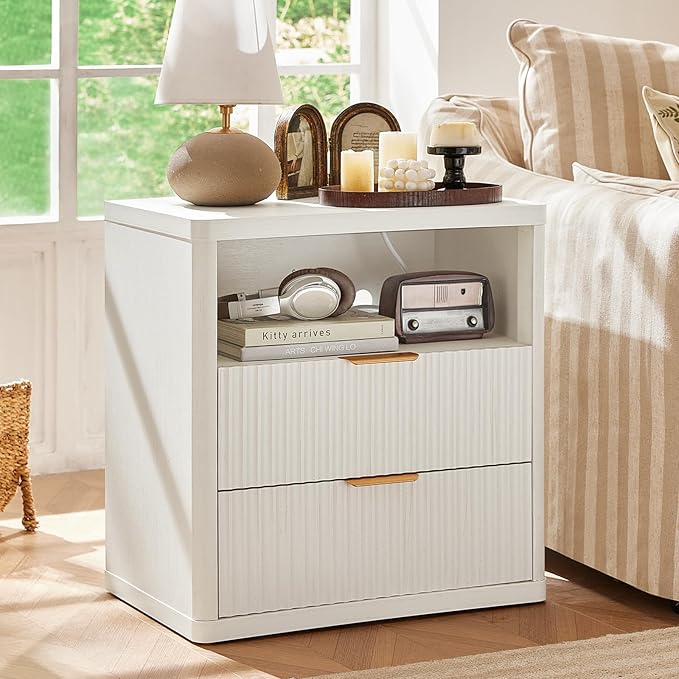 LEYAOYAO 48" Wide Fluted Dresser and 2 Drawers 23" Nightstand Set of 2, Wooden Dresser & Night Stand with Charging Station, 3 Piece Bedroom Furniture Set, Chest of Drawer for Living Room,Antique White