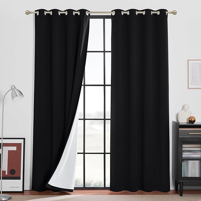 RYB HOME 4-in-1 Dust Filtering Soundproof Blackout Insulating Privacy Window Curtains for Nursery Bedroom Living Room Rivider Sound Absorption Sheet, Black, W52 x L90 inch, 2 Panels