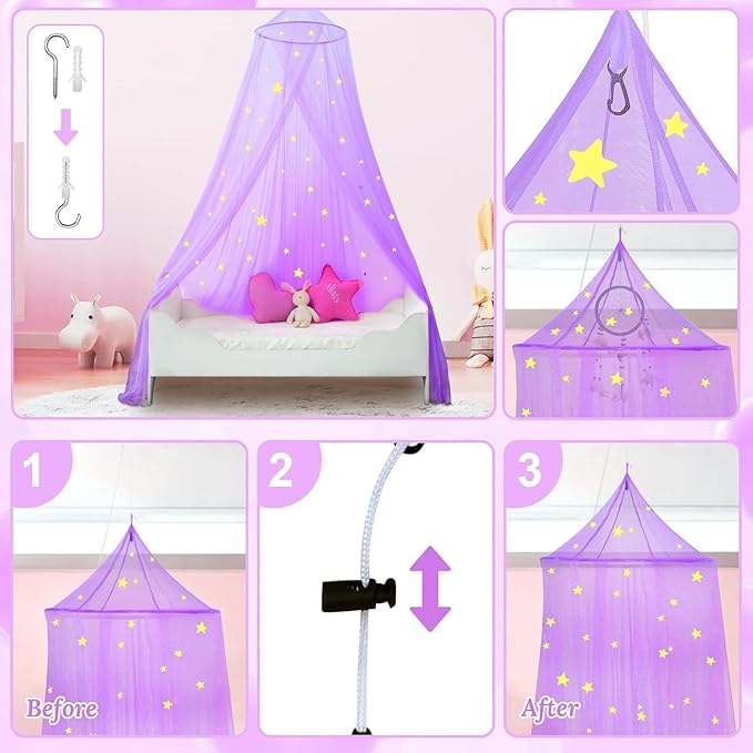South to East Princess Bed Canopy for Girls with Glowing Stars, Purple Canopy for Girls Room, Bed Canopy Curtains from Ceiling for Twin Beds, Full Size Beds, Ideal Gift for Kids