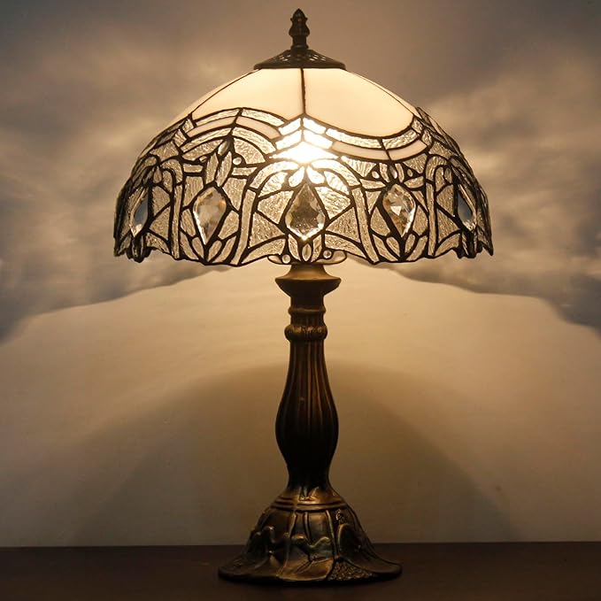 WERFACTORY Tiffany Lamp White Bent Stained Glass Bedside Table Lamp Desk Reading Light 12X12X18 Inches Decor Bedroom Living Room Home Office S508W Series