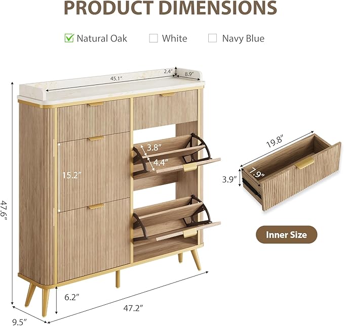 Fluted Shoe Cabinet Storage, Modern Slim Shoe Organizer Cabinet with 4 Flip Drawers & 2 Drawers, Wooden Freestanding Shoe Rack Cabinets for Entryway, Foyer, Hallway, Natural Oak
