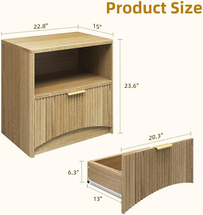 Fluted Nightstand Set of 2, MCM Mid Century Modern Bedside Tables with Drawer and Open Shelf, Minimalist Wood Bedside Table Fluted End Tables for Bedroom, Natural Oak