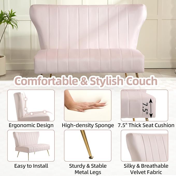 50’’ Armless Loveseat Sofa, Comfy Upholstered Velet Small Couch Sofa with Gold Legs, 2 Seater Tufted Modern Couch for Living Room, Bedroom, Apartment Small Space (Light Pink)