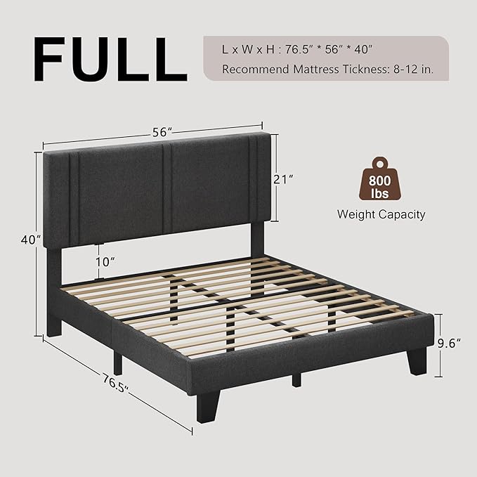 Upholstered Full Size Bed Frame with Linen Fabric Headboard, Strong Wooden Slats Support, Noise Free, No Box Spring Needed, Dark Grey