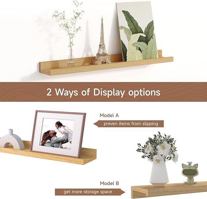 Fun Memories Picture Ledge Shelf for Wall, Floating Shelves Set of 4, 24 Inch Long Nursery Book Shelves for Toys Storage, Kids Bookshelf Wall Mounted for Books Photo Frames, Oak