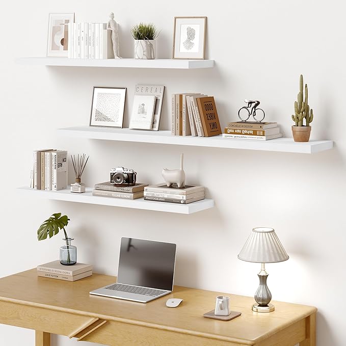 Vivelove 10 in Deep Floating Shelves for Wall, 47.2" x 10.2" x 1.5" Shelves for Room Wall Mounted, 1.5 Inch Thick Shelf for Bathroom Bedroom Kitchen Book Room, Modern Farmhouse Decor, Set of 2, White