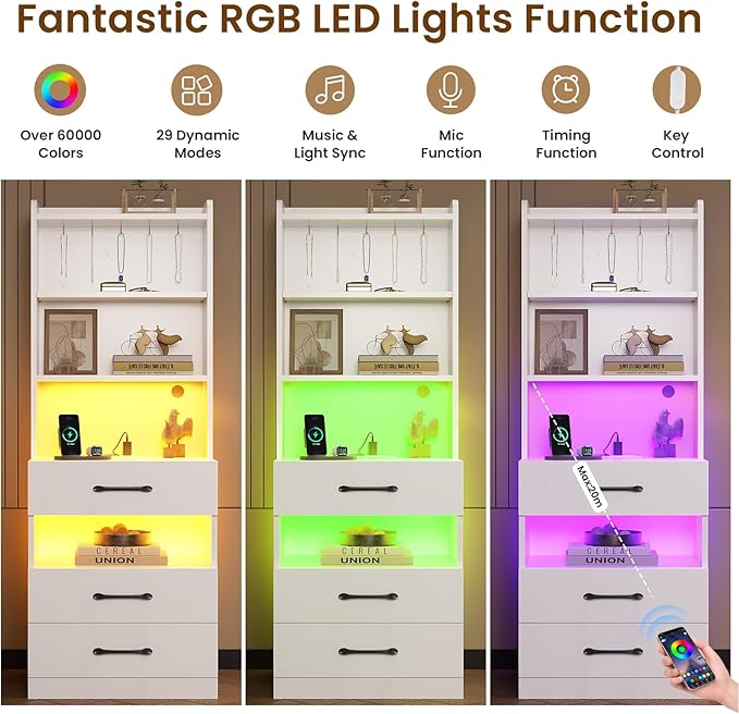 VIAGDO Tall Nightstand with Charging Station and LED Lights, Large White Night Stand with Bookshelf, Modern LED Bedside Table with 3 Drawers and Storage Shelves, End Side Table for Bedrooms, Dorms